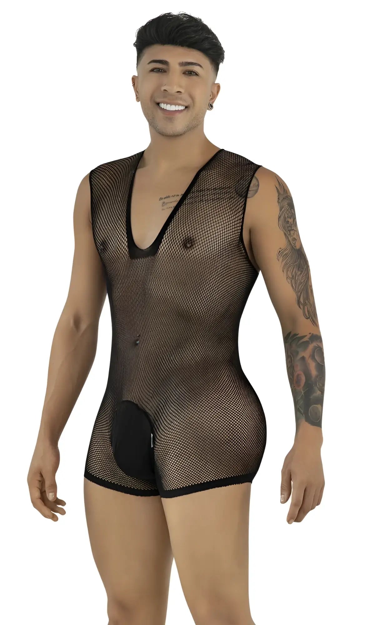 CandyMan black sleeveless mesh bodysuit with a deep V-neck and a solid opaque pouch.