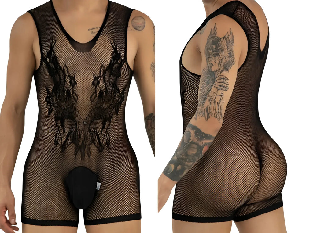 CandyMan black mesh bodysuit with sleeveless design, intricate chest detailing, and solid crotch pouch.