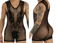 CandyMan black mesh bodysuit with sleeveless design, intricate chest detailing, and solid crotch pouch.