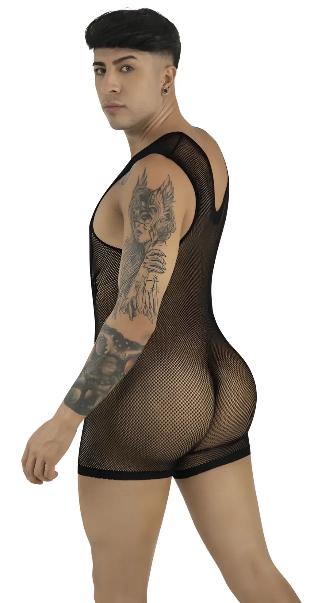 CandyMan black fishnet bodysuit with a deep-cut scoop neck and sleeveless design on a muscular model.