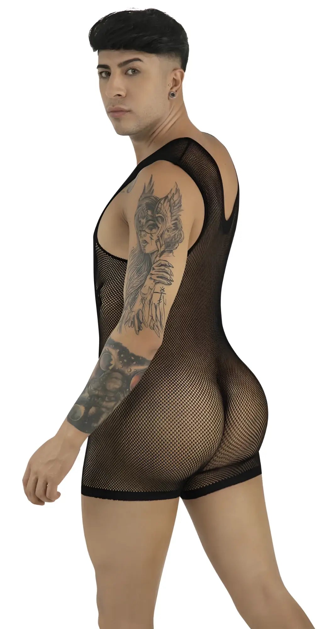 CandyMan black fishnet bodysuit with a deep-cut scoop neck and sleeveless design on a muscular model.