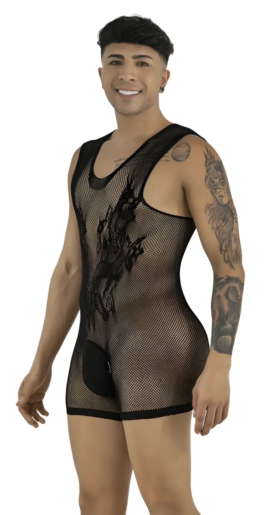 CandyMan black mesh tank bodysuit with solid pouch, floral-style applique detail, and sleeveless scoop-neck design.