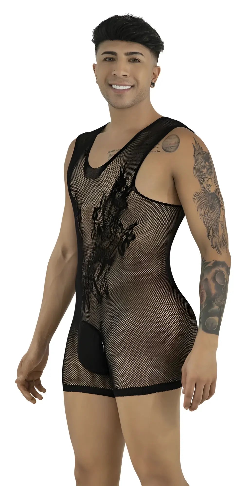 CandyMan black mesh tank bodysuit with solid pouch, floral-style applique detail, and sleeveless scoop-neck design.