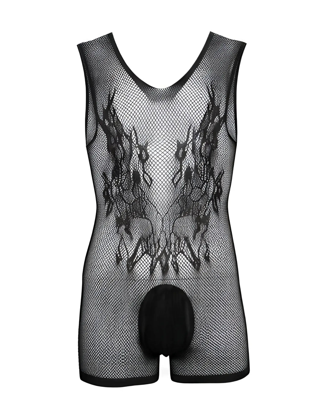 CandyMan black sleeveless fishnet bodysuit with decorative embroidery on the chest and an opaque pouch.