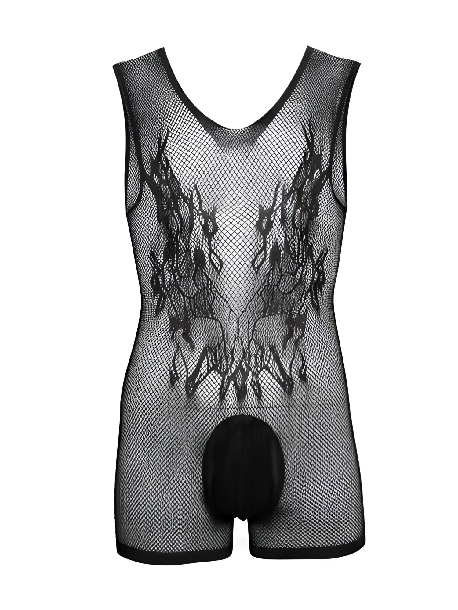 CandyMan black sleeveless fishnet bodysuit with decorative embroidery on the chest and an opaque pouch.