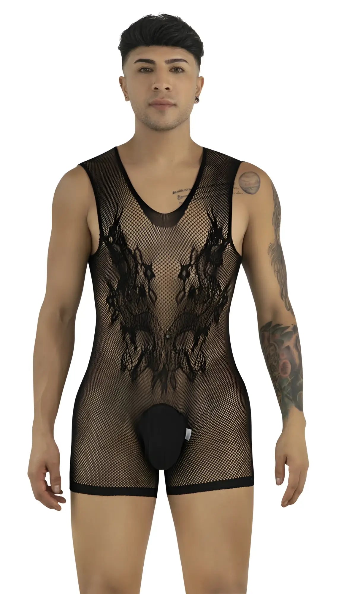 CandyMan black sleeveless bodysuit in sheer mesh with intricate floral lace detailing and an opaque front pouch.