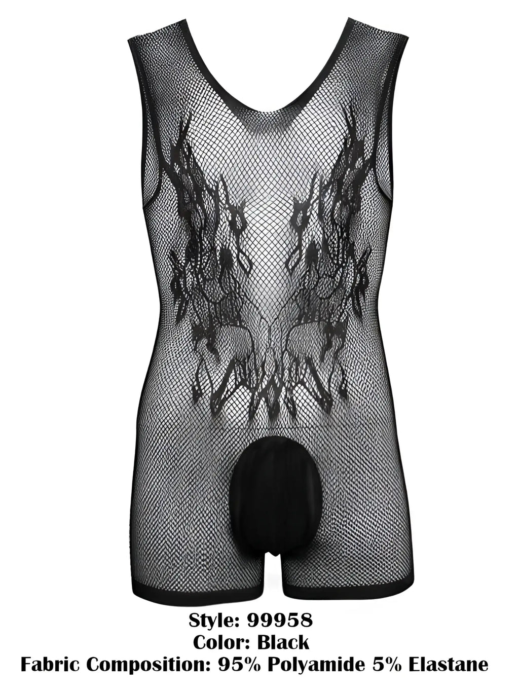 CandyMan 99958 black sleeveless bodysuit in fishnet fabric with an intricate patterned chest and solid front pouch.
