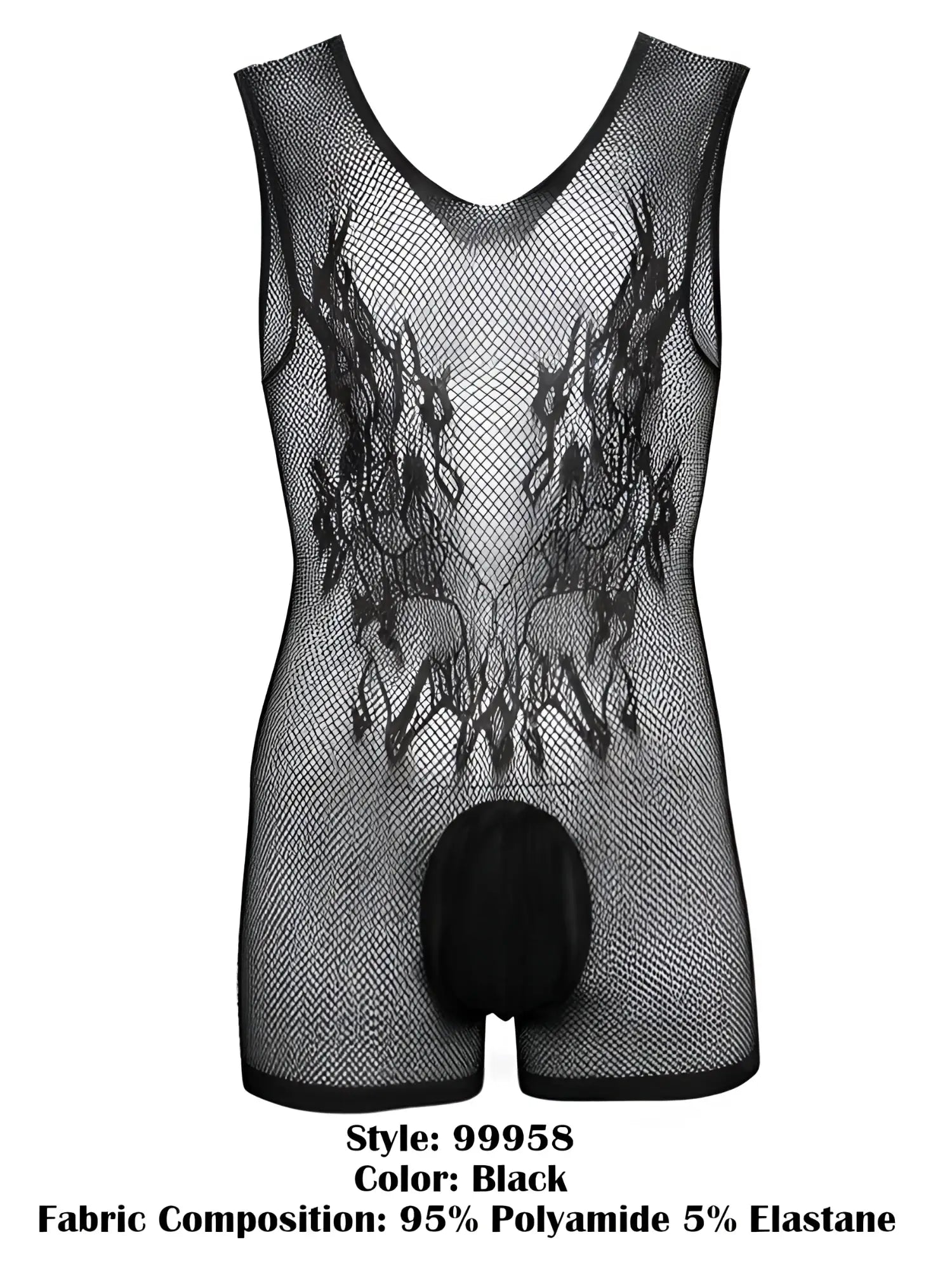 CandyMan 99958 black sleeveless bodysuit in fishnet fabric with an intricate patterned chest and solid front pouch.