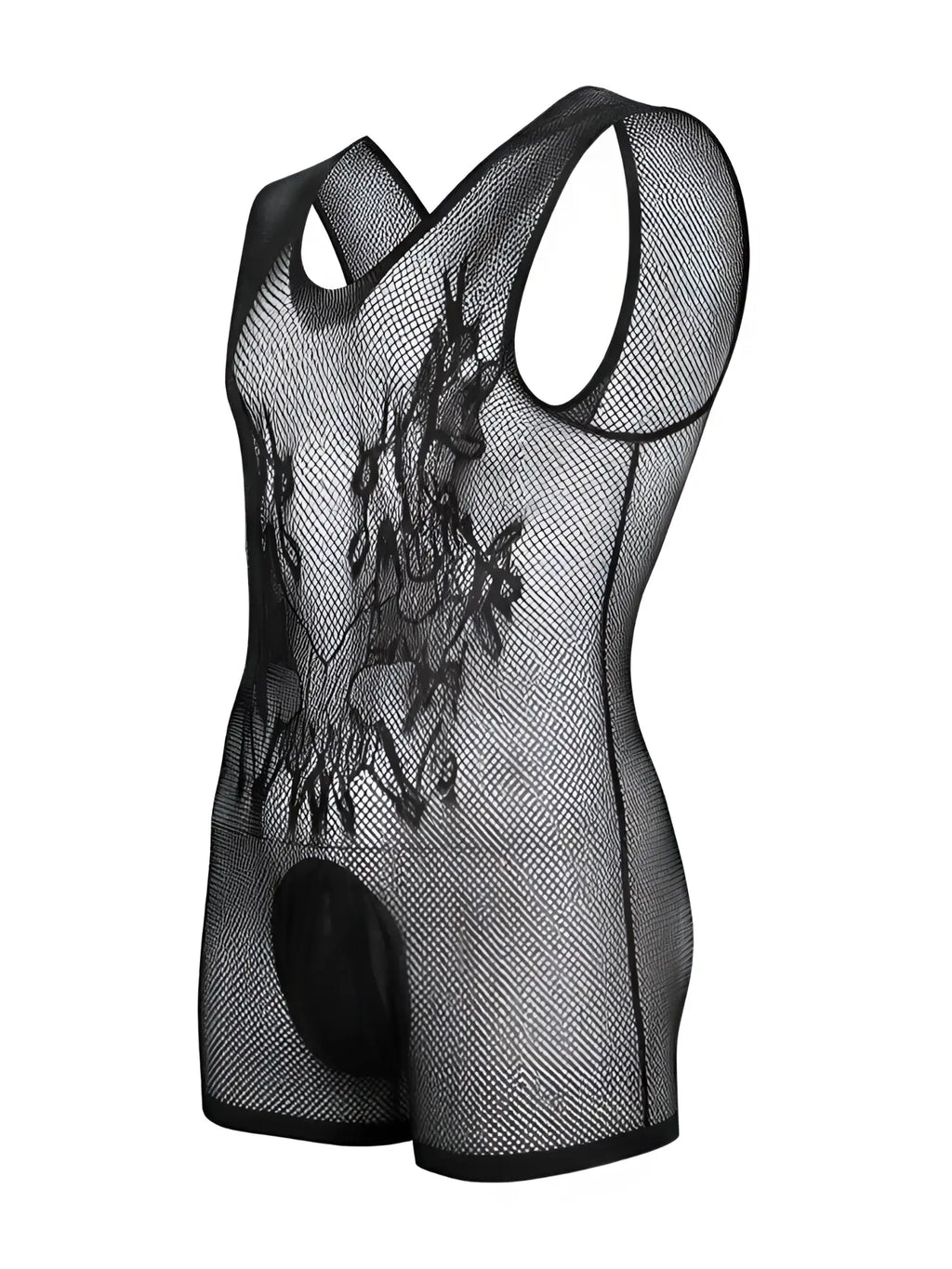 CandyMan black mesh bodysuit with a tank top cut, skull pattern detail on the chest, and a solid opaque pouch.