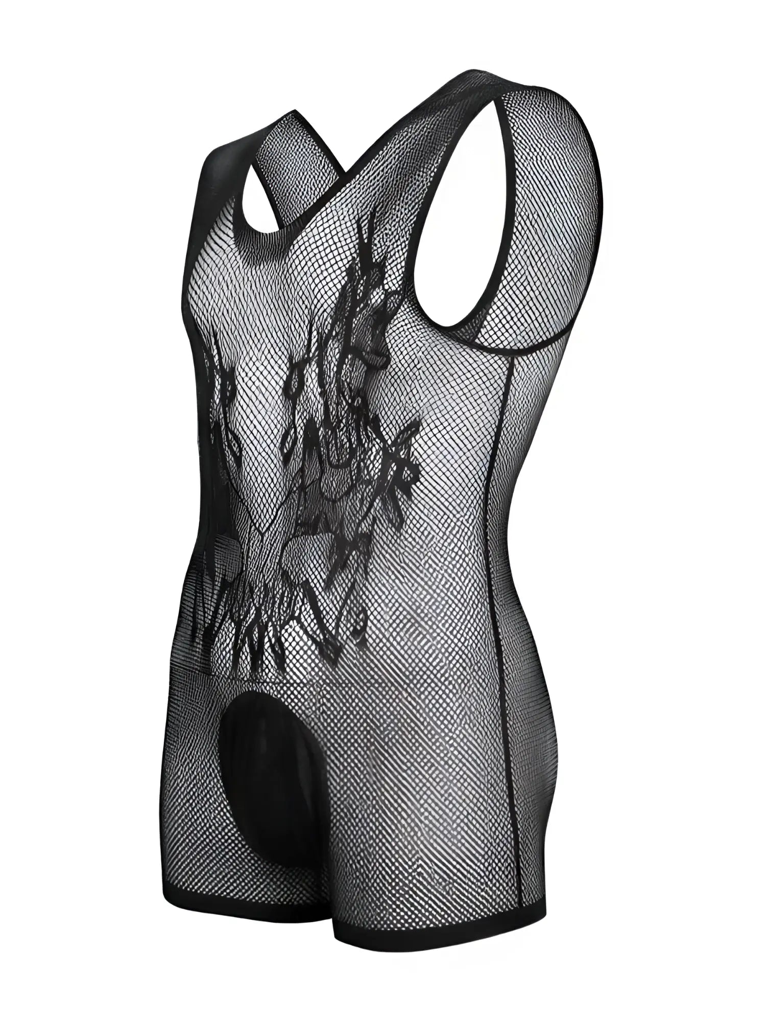CandyMan black mesh bodysuit with a tank top cut, skull pattern detail on the chest, and a solid opaque pouch.