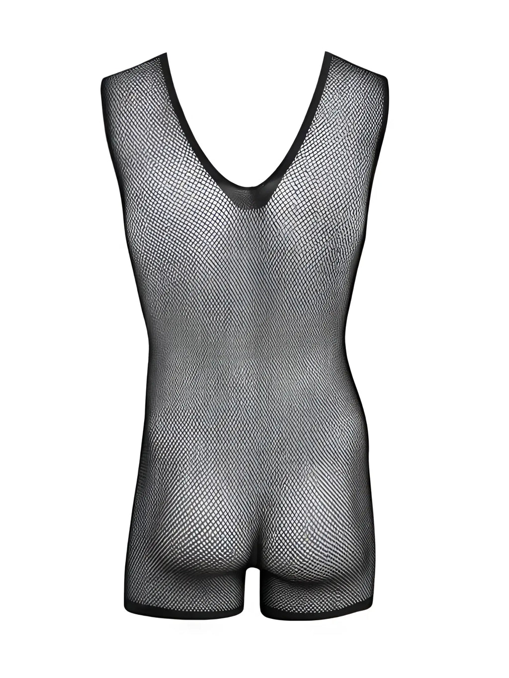 CandyMan black sleeveless fishnet bodysuit with a deep V-neck and short legs.