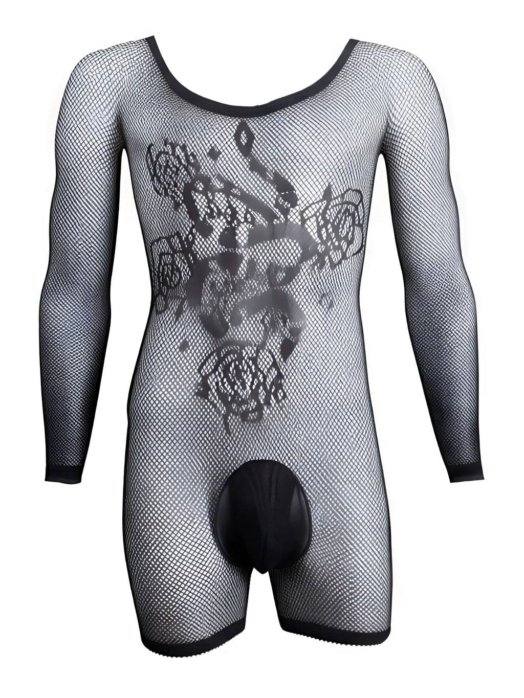 CandyMan black long-sleeve fishnet bodysuit with rose pattern and opaque crotch pouch.