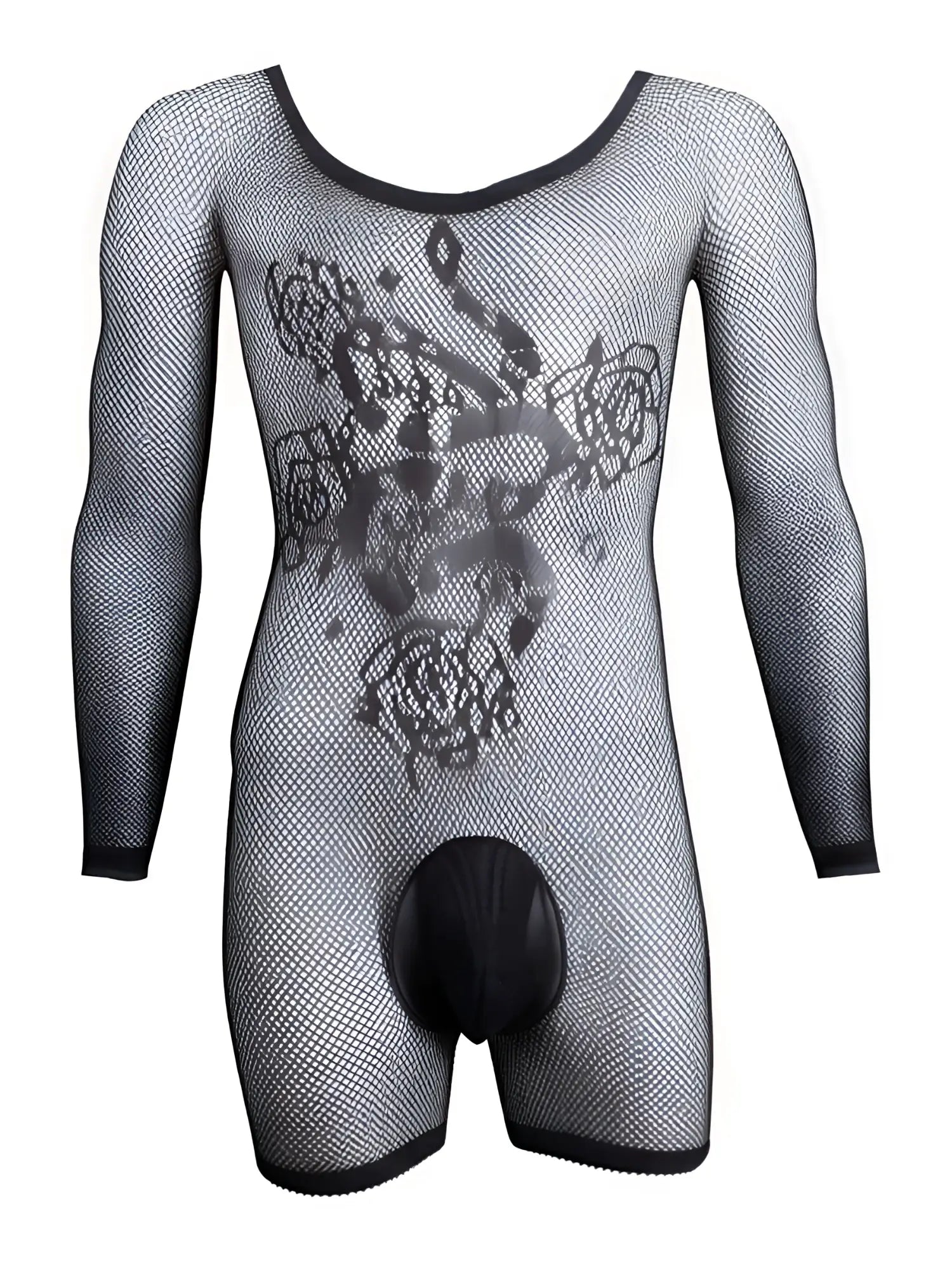 CandyMan black long-sleeve fishnet bodysuit with rose pattern and opaque crotch pouch.