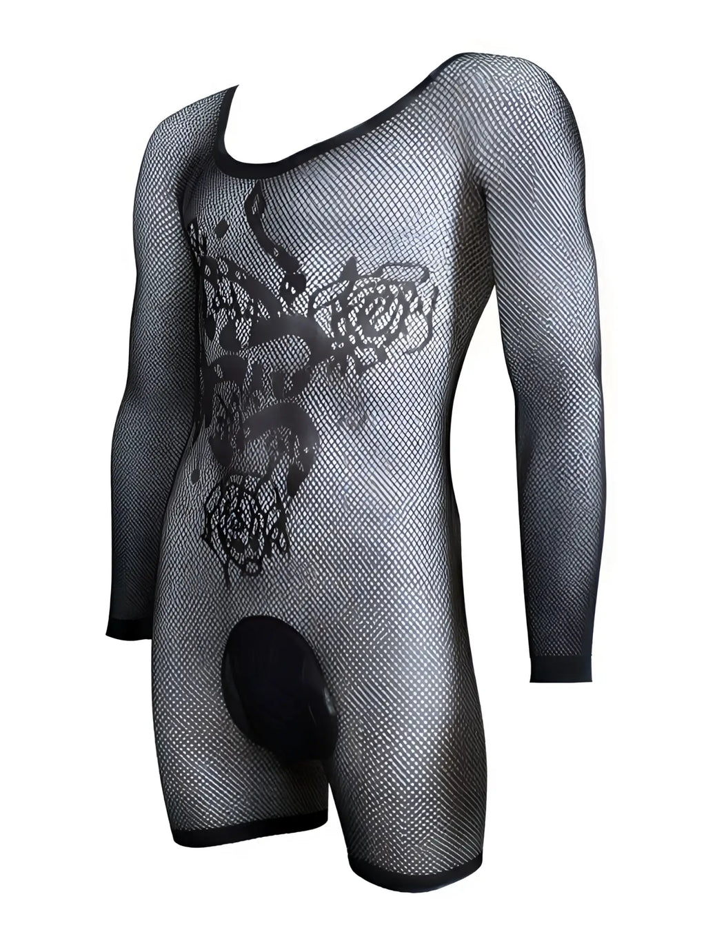 CandyMan black mesh long-sleeve bodysuit with a rose and snake graphic print and a solid pouch front.