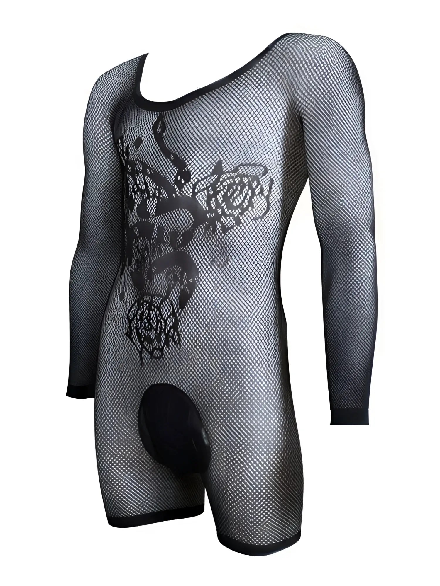 CandyMan black mesh long-sleeve bodysuit with a rose and snake graphic print and a solid pouch front.