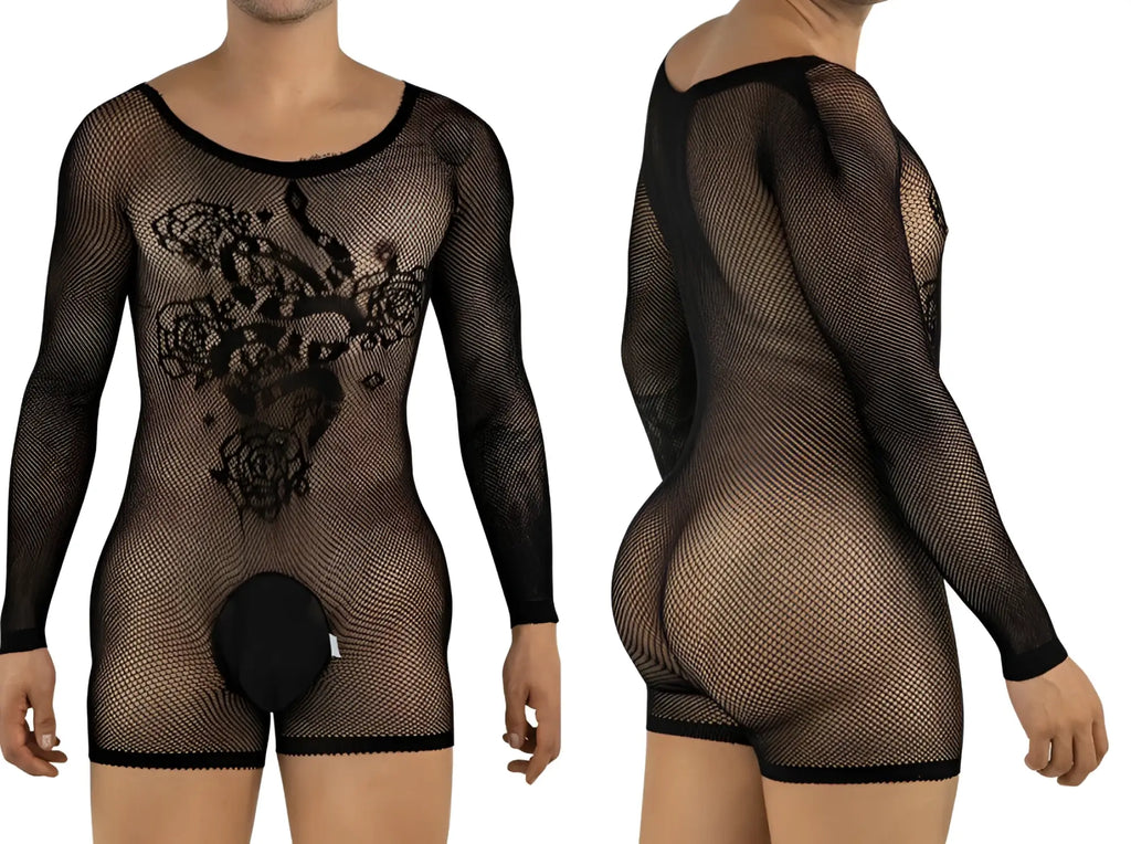 CandyMan black fishnet long-sleeve bodysuit with floral patterns, scoop neck, and a solid opaque pouch.