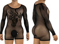 CandyMan black fishnet long-sleeve bodysuit with floral patterns, scoop neck, and a solid opaque pouch.