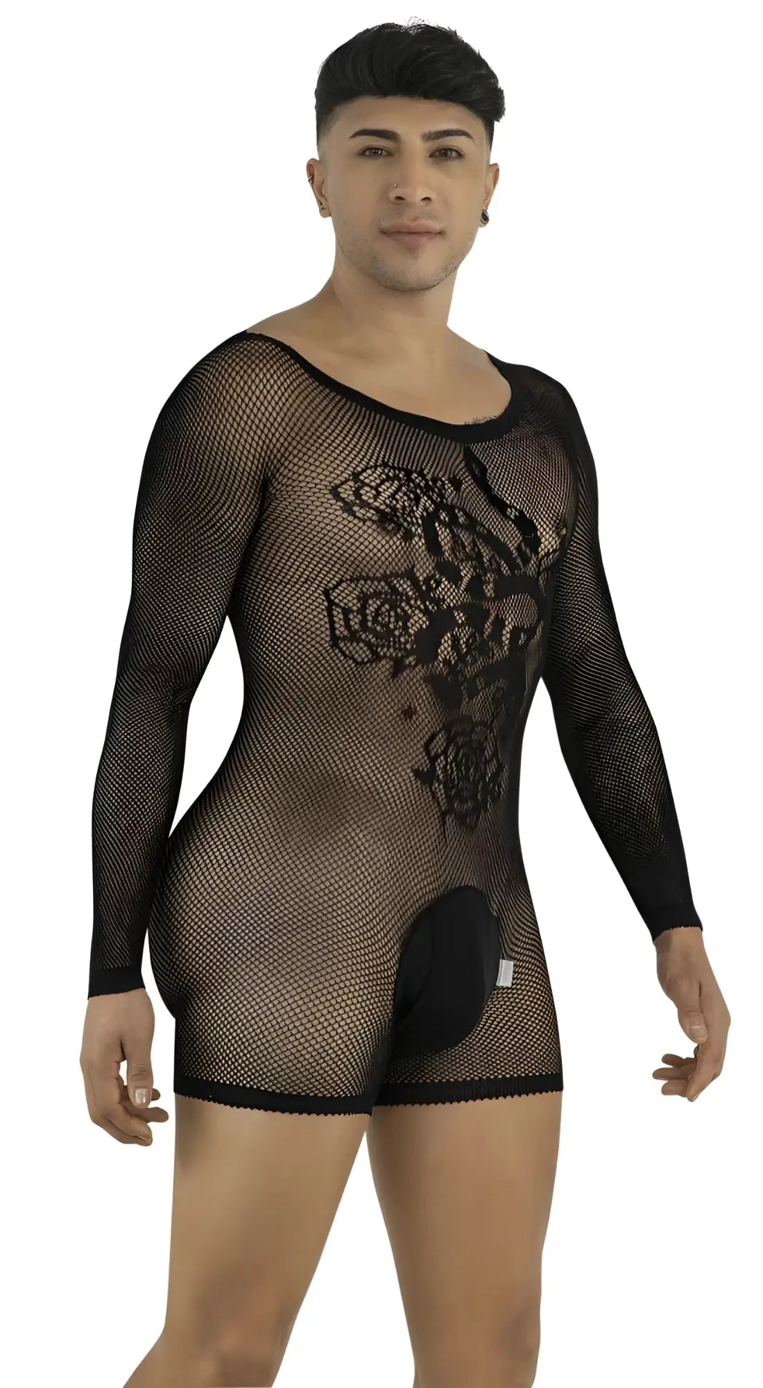 CandyMan black fishnet long-sleeve bodysuit featuring a front rose pattern and a solid black pouch.