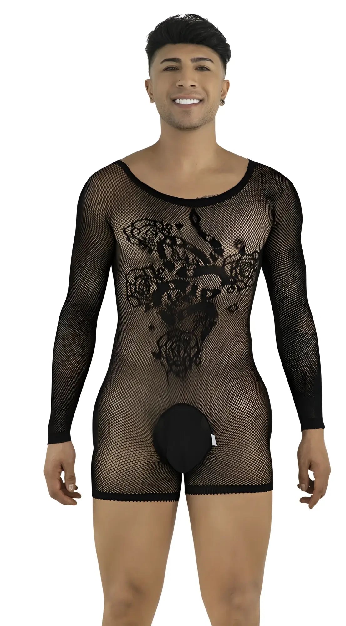 CandyMan black long-sleeve fishnet bodysuit with scoop neck and opaque crotch pouch featuring a rose and snake design.