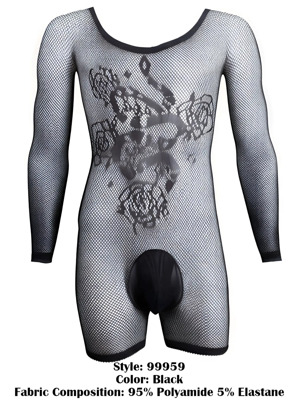 CandyMan black mesh long-sleeve bodysuit featuring a floral pattern and a solid black pouch.