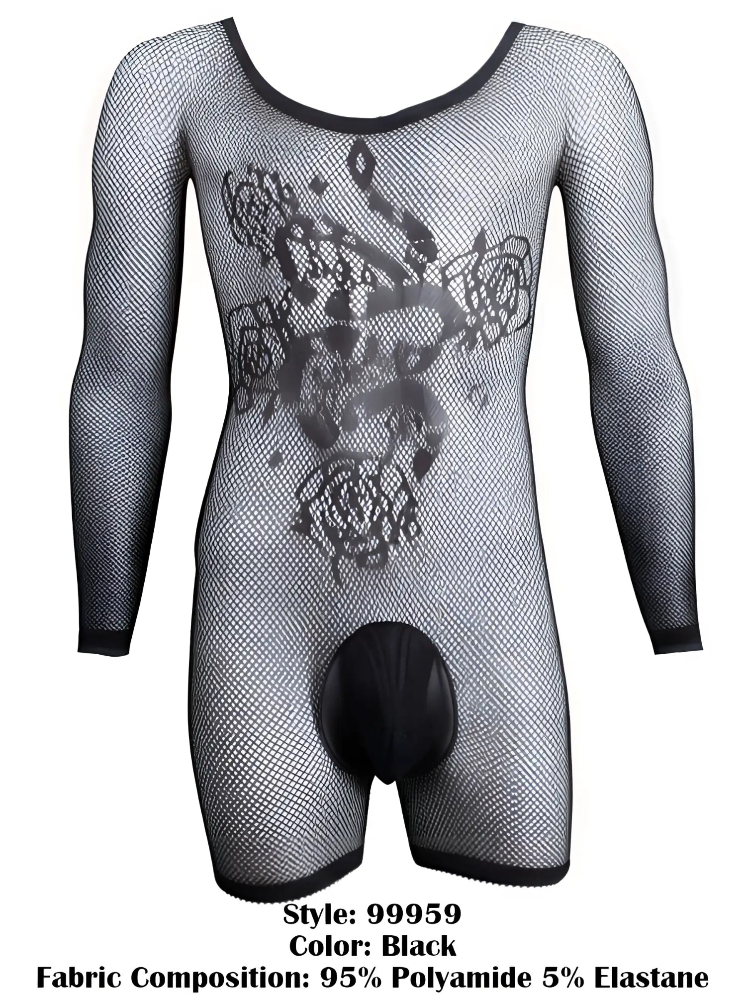 CandyMan black mesh long-sleeve bodysuit featuring a floral pattern and a solid black pouch.