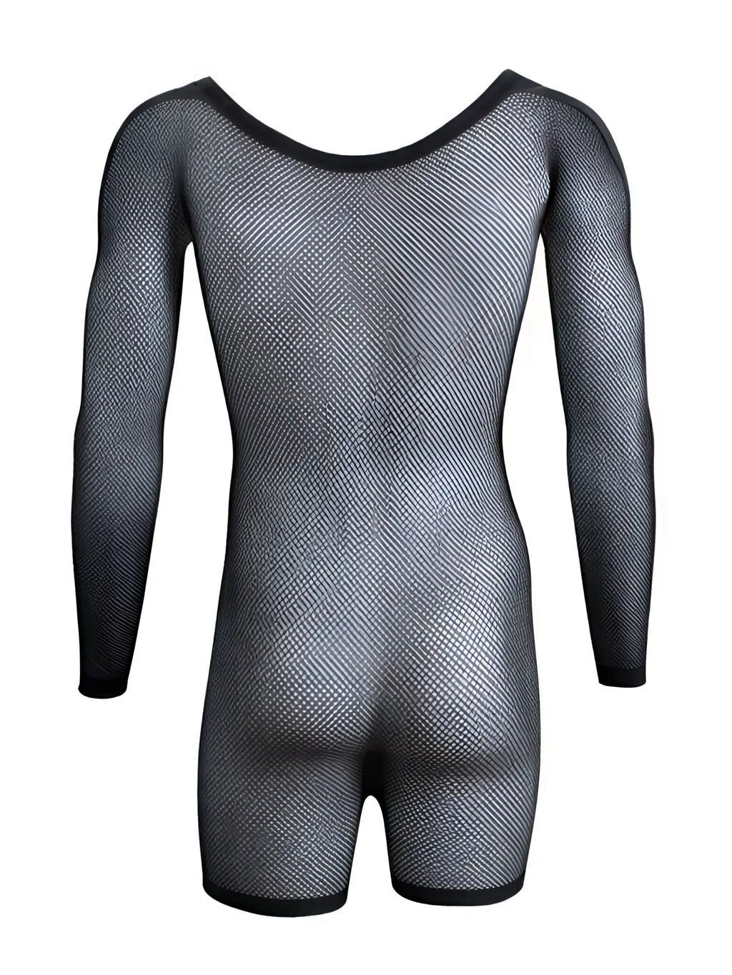 CandyMan black long-sleeve fishnet bodysuit with a rounded neckline and trim detailing on a white background.