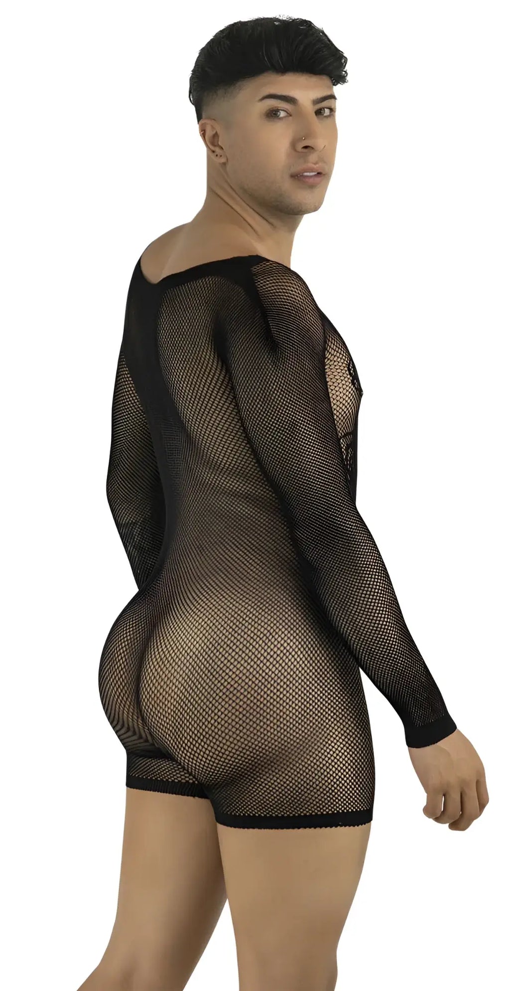 CandyMan long-sleeve black fishnet bodysuit with a fitted, sheer mesh design and short-cut bottom.