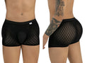 CandyMan black boxer briefs in a diamond-patterned mesh fabric with a solid opaque pouch and elastic waistband.
