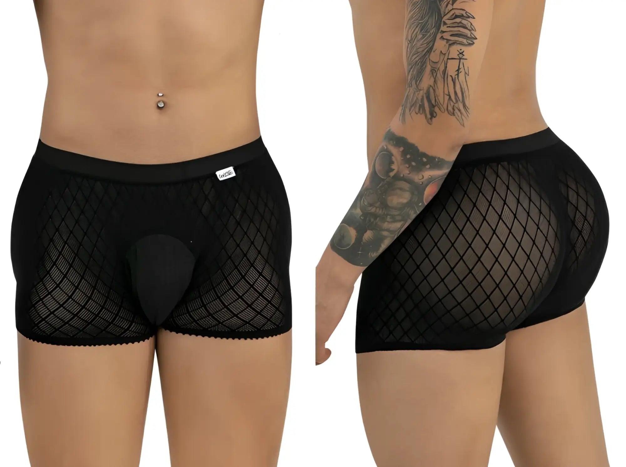 CandyMan black boxer briefs in a diamond-patterned mesh fabric with a solid opaque pouch and elastic waistband.