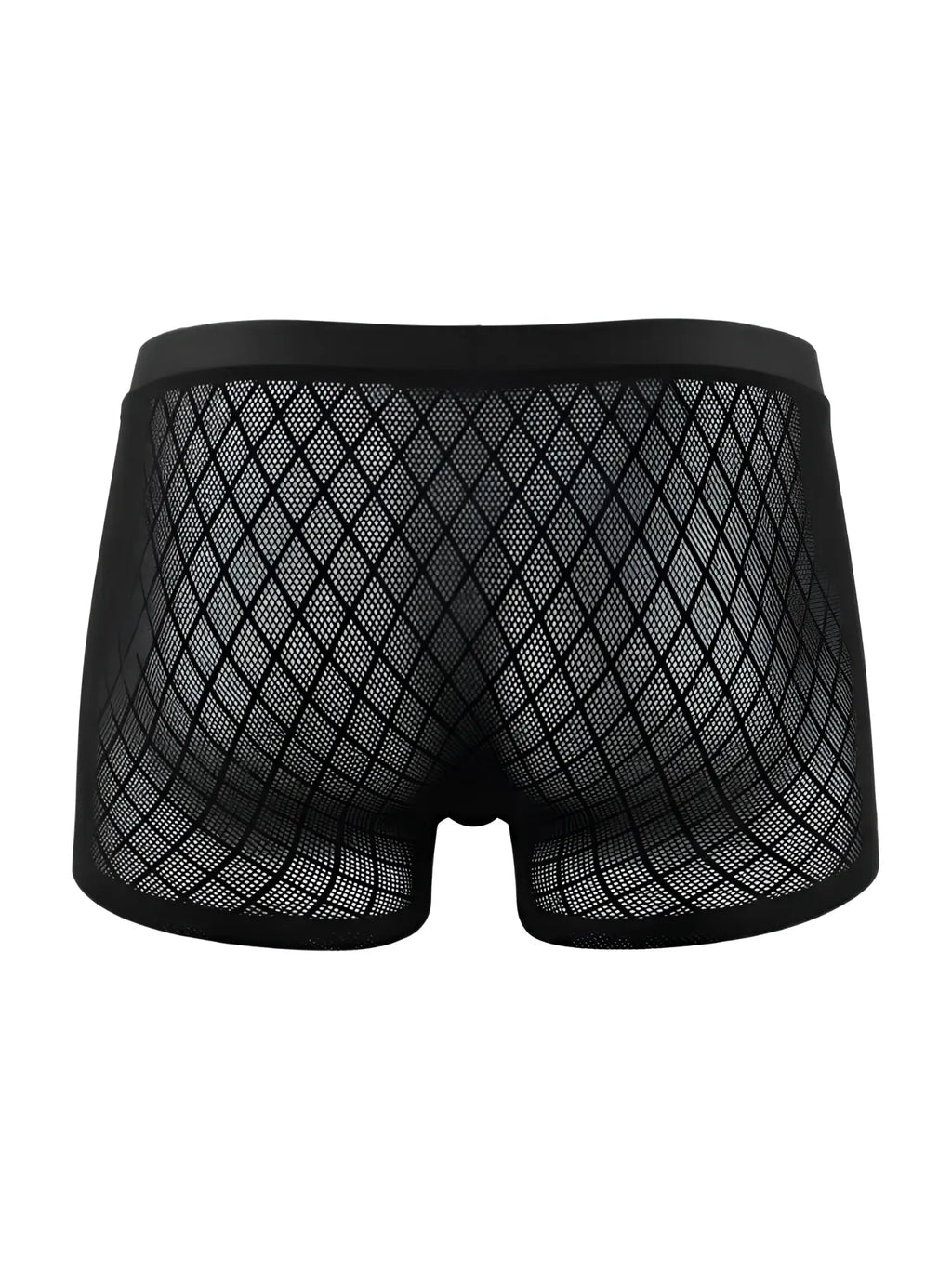 Black CandyMan boxer briefs in a sheer, diamond-patterned mesh fabric with a solid elastic waistband.