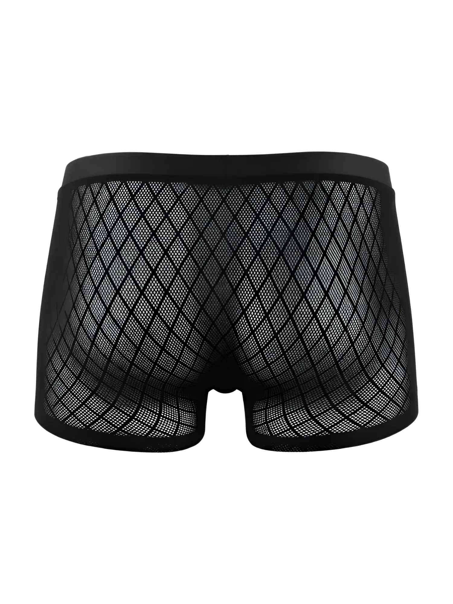 Black CandyMan boxer briefs in a sheer, diamond-patterned mesh fabric with a solid elastic waistband.