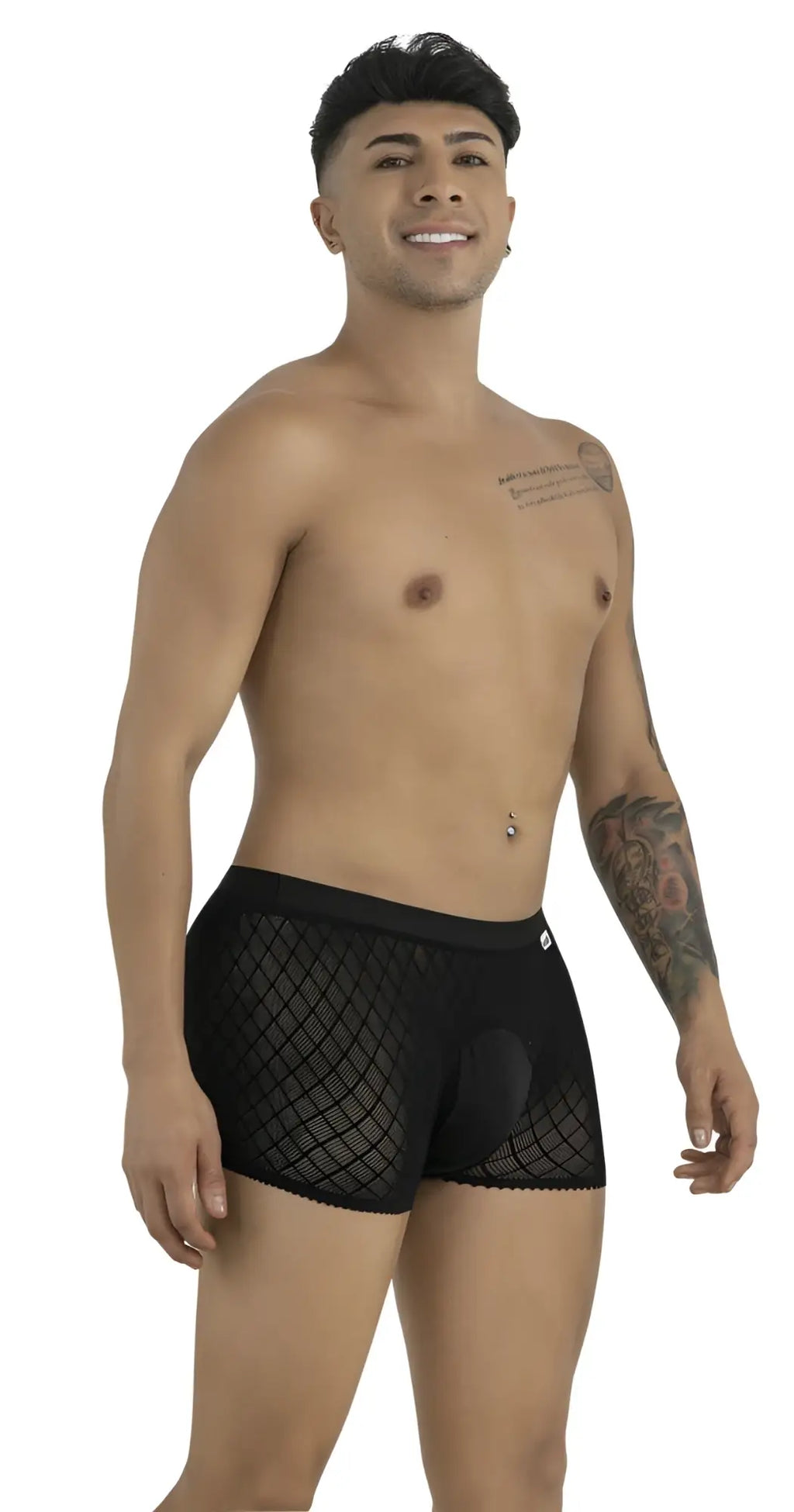 CandyMan black boxer briefs in a diamond-patterned mesh fabric with a solid front pouch and elastic waistband.
