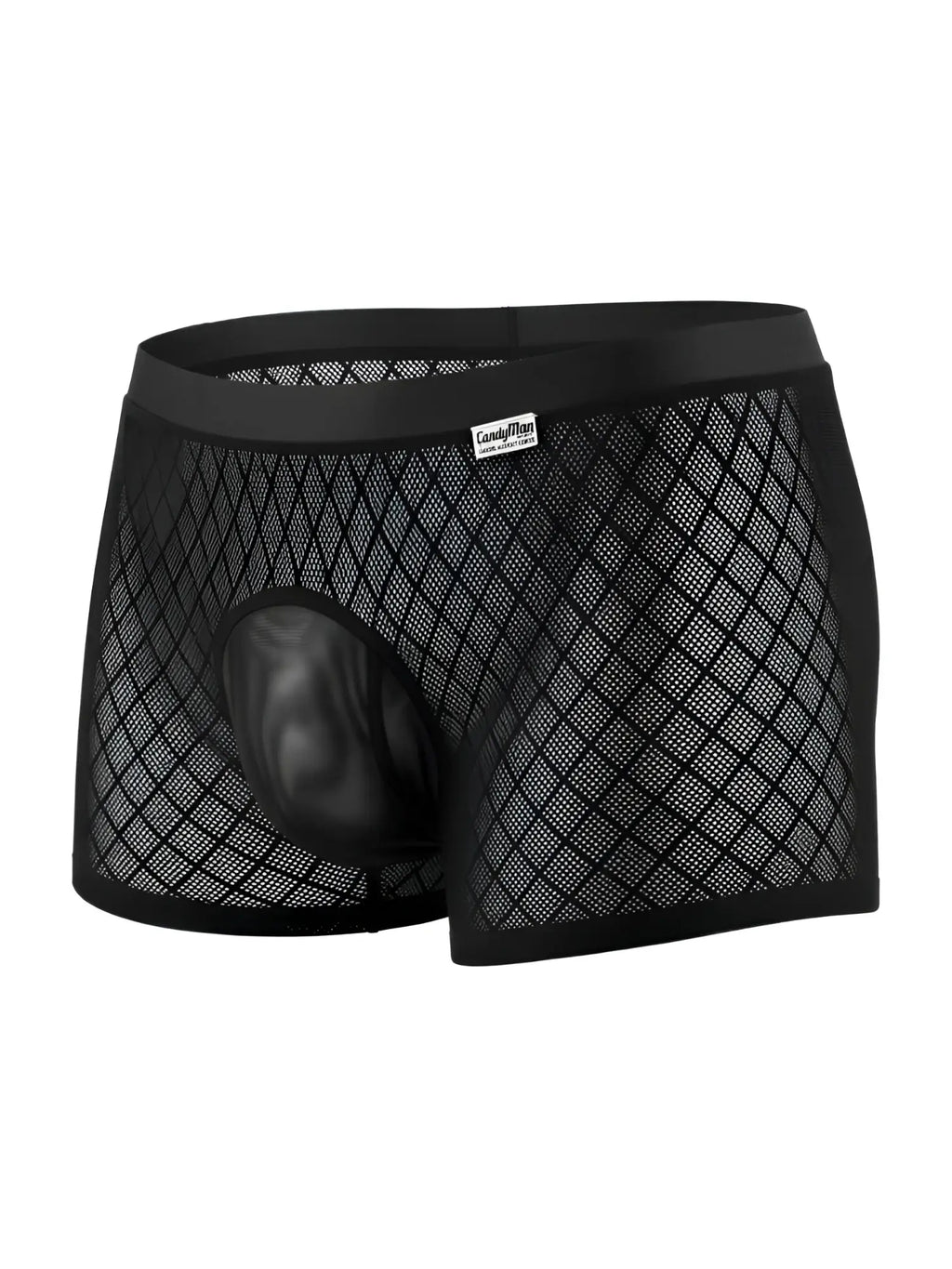 CandyMan black boxer briefs featuring a diamond-patterned sheer mesh fabric and a solid opaque contoured pouch.