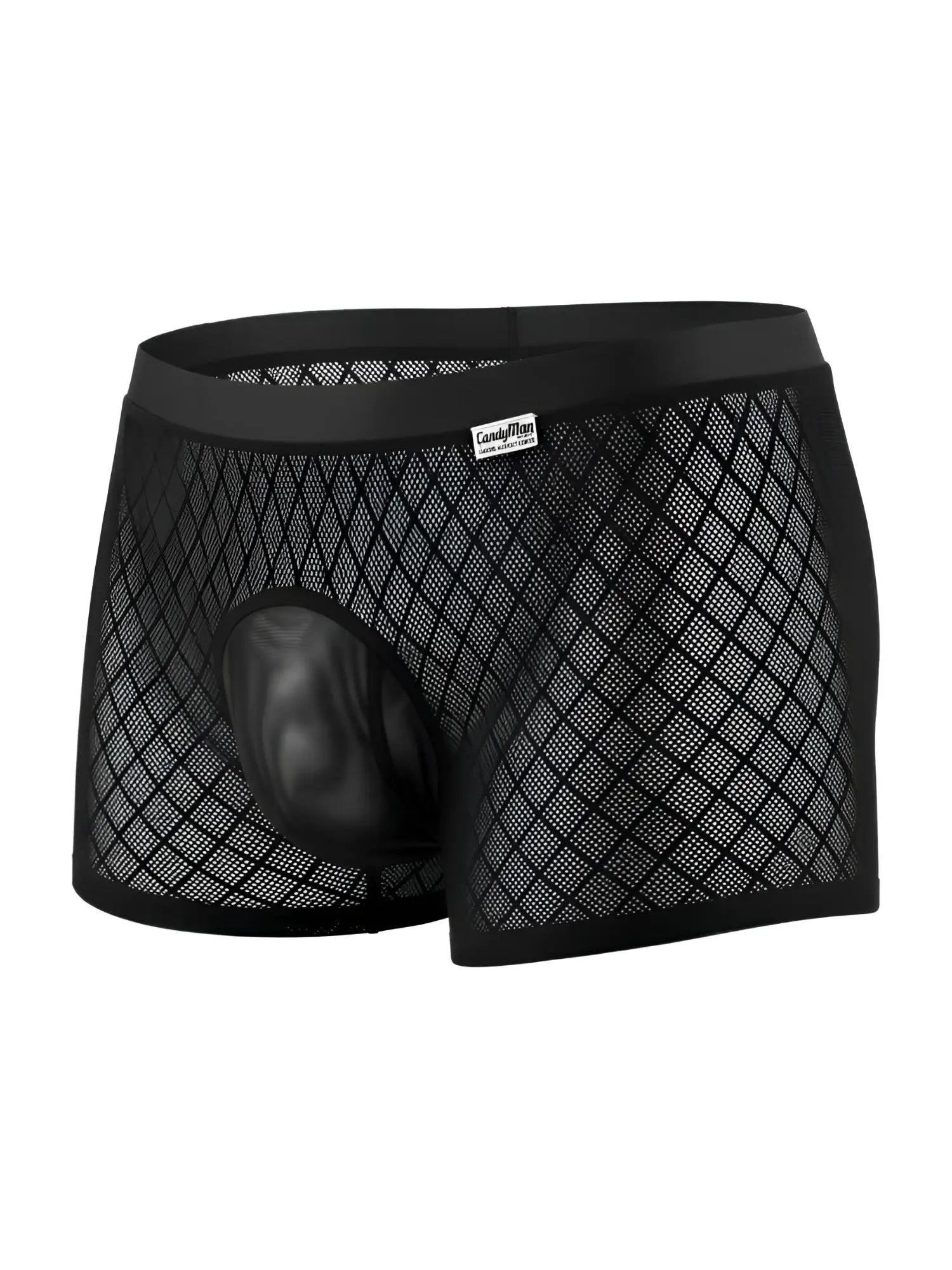 CandyMan black boxer briefs featuring a diamond-patterned sheer mesh fabric and a solid opaque contoured pouch.