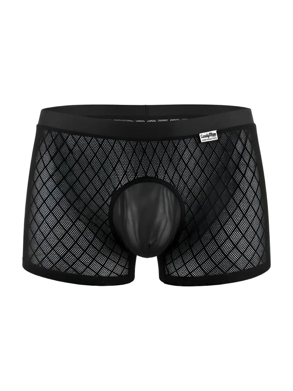 Black CandyMan boxer briefs in diamond-pattern mesh with a solid opaque pouch and a wide elastic waistband.