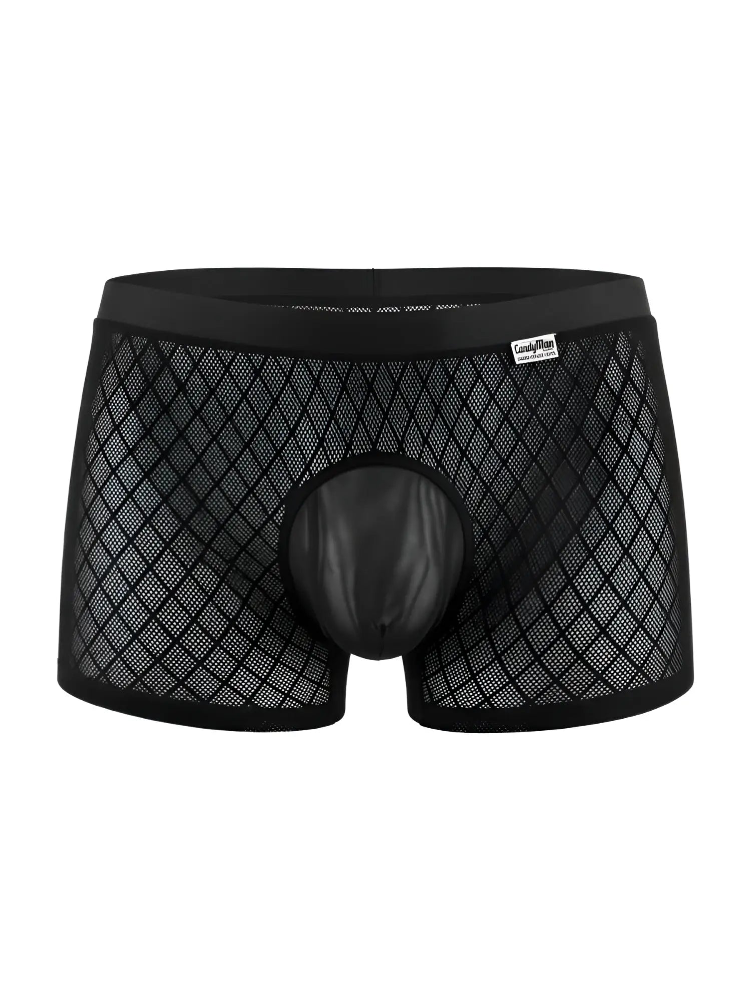 Black CandyMan boxer briefs in diamond-pattern mesh with a solid opaque pouch and a wide elastic waistband.