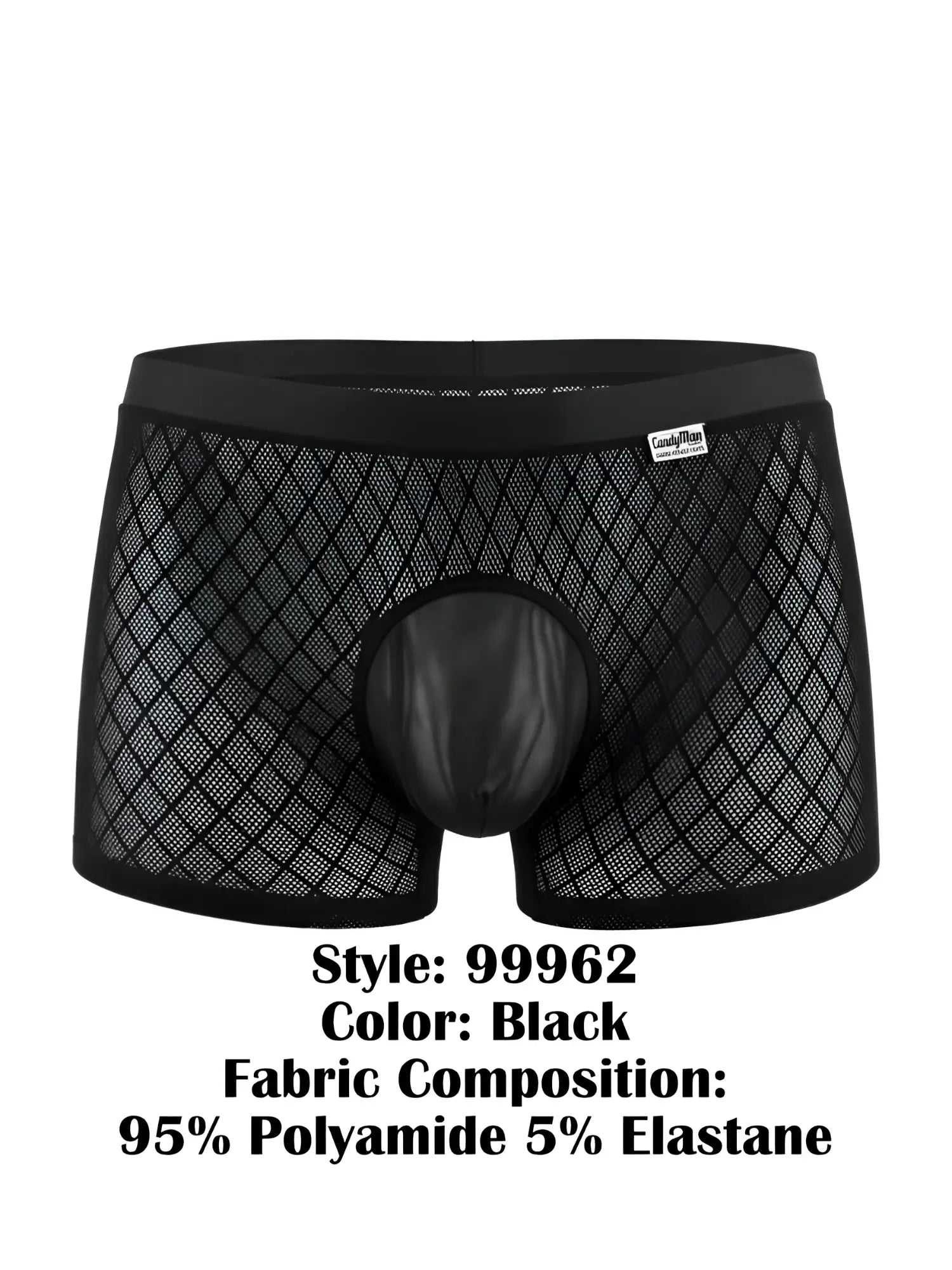 CandyMan 99962 black boxer briefs in mesh fabric with a solid pouch and branded waistband label.
