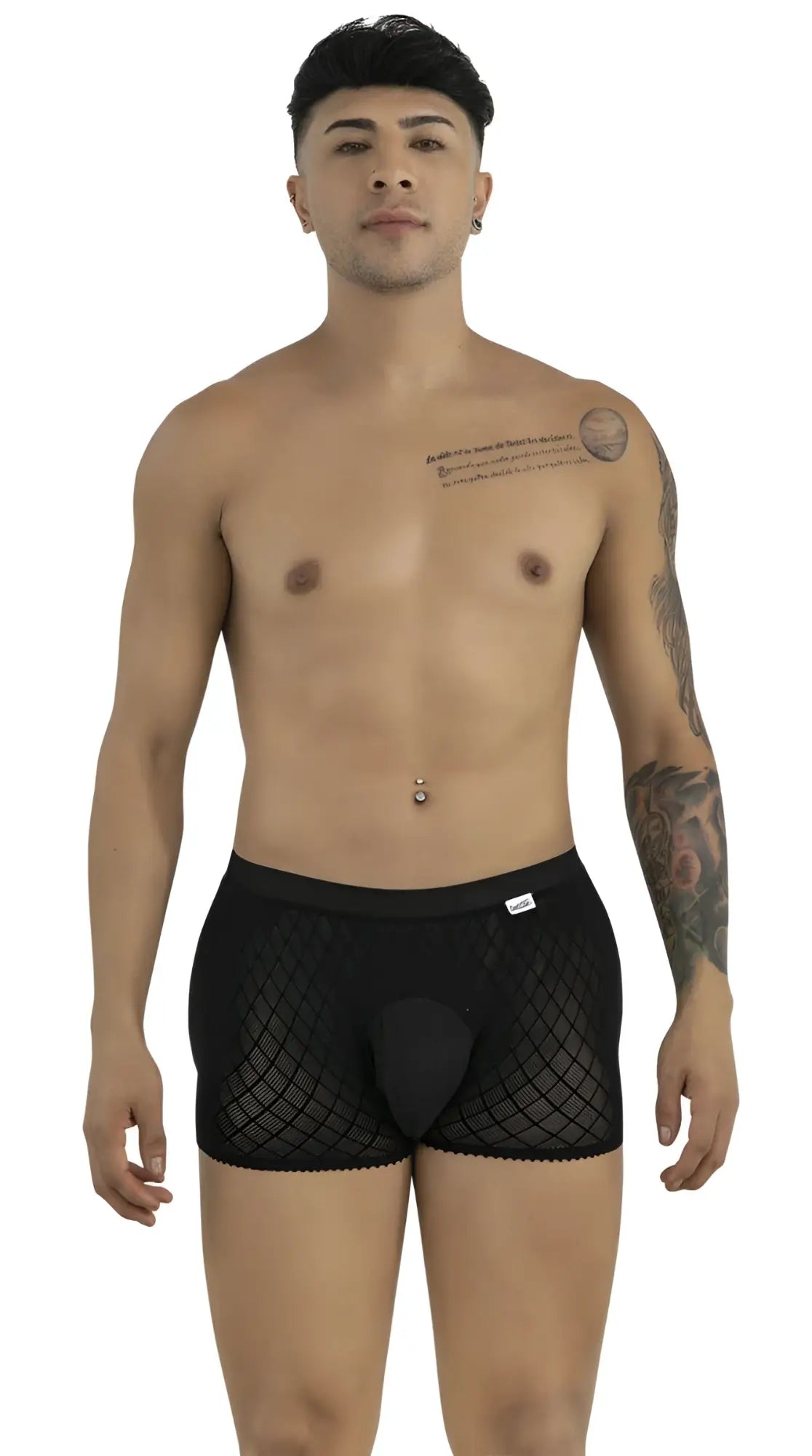 CandyMan 99962 black boxer briefs featuring a textured diamond-pattern mesh fabric and a solid opaque pouch.