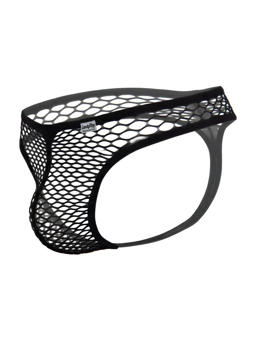 CandyMan black mesh fishnet thong with a solid elastic waistband and logo tag on a white background.