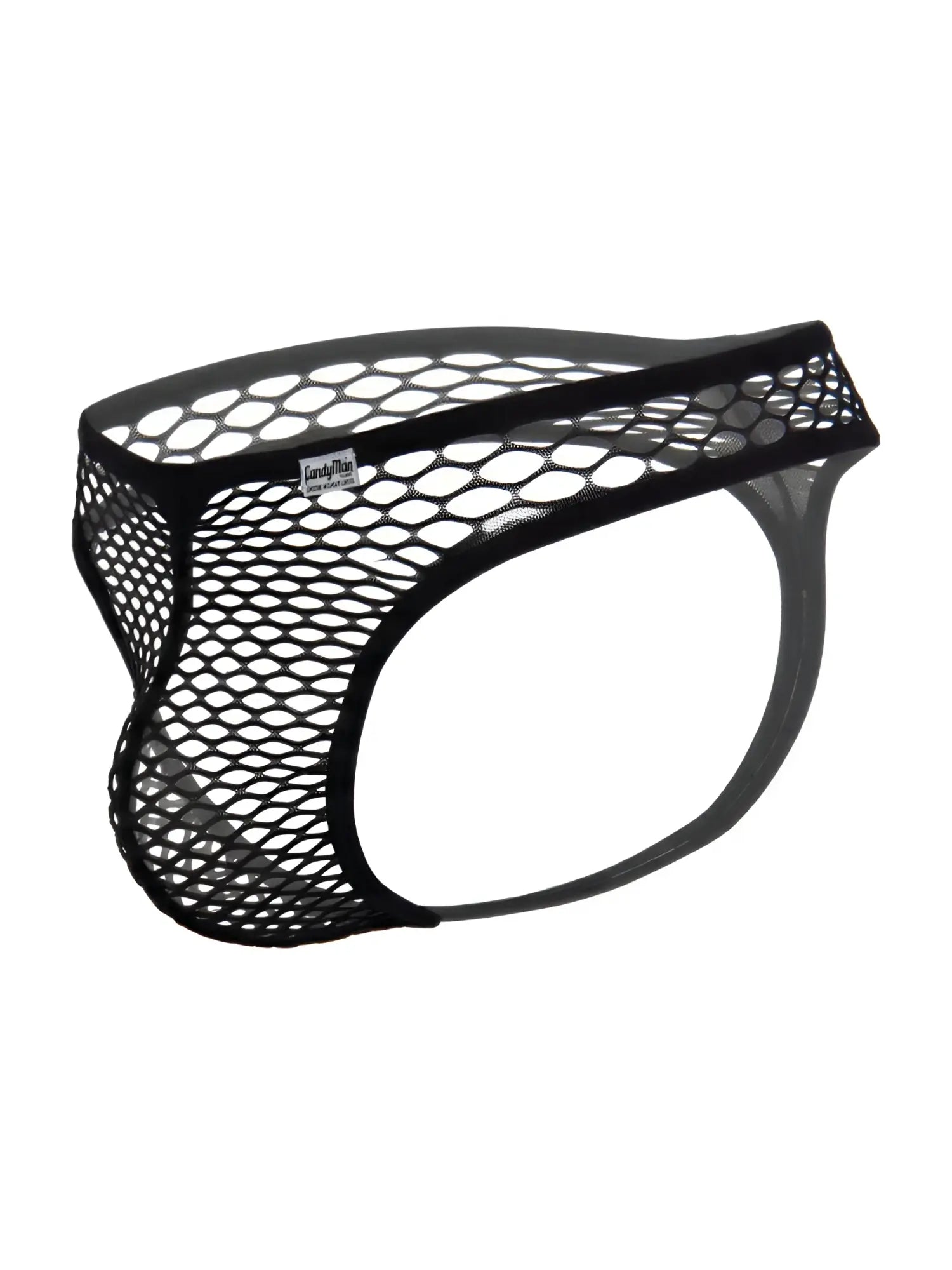 CandyMan black mesh fishnet thong with a solid elastic waistband and logo tag on a white background.