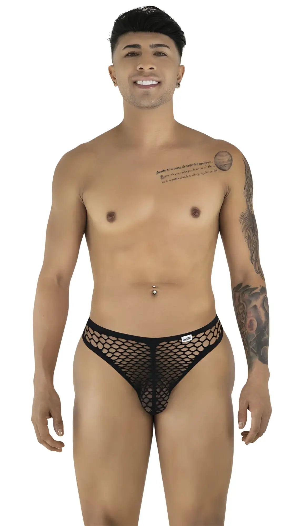 A man wears a CandyMan black fishnet thong with a small branded tag on the waistband.