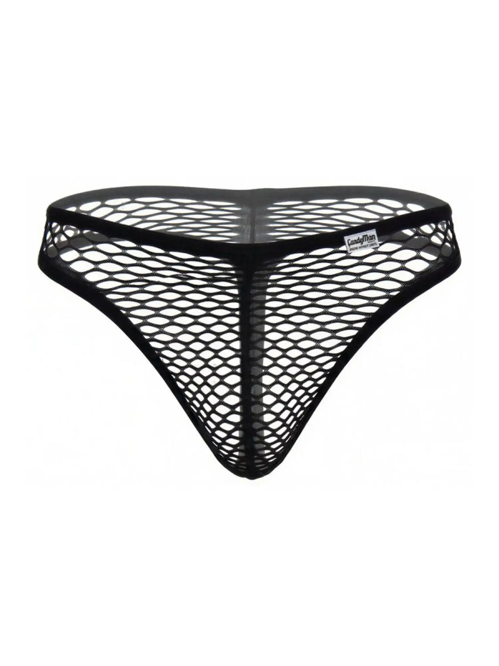 CandyMan black fishnet G-string thong with a solid waistband and small brand logo tag.