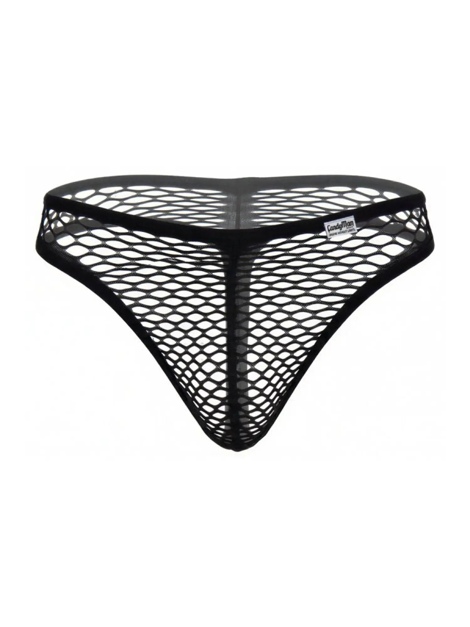 CandyMan black fishnet G-string thong with a solid waistband and small brand logo tag.