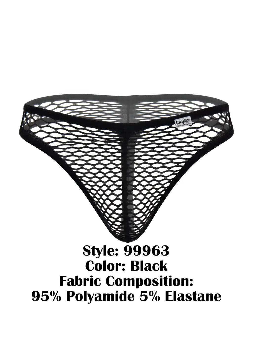 CandyMan 99963 black fishnet thong with a solid waistband and a small brand logo patch.