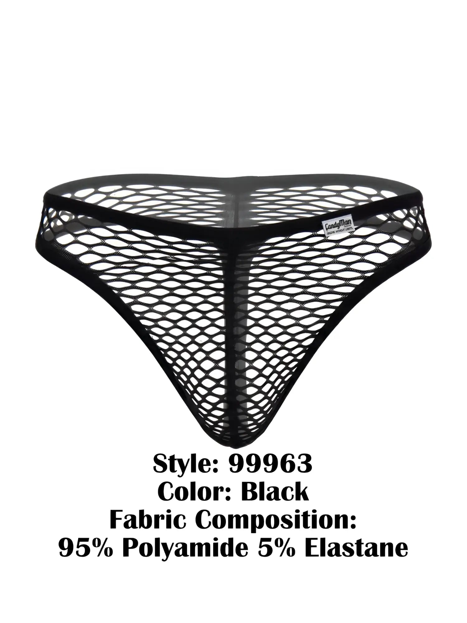 CandyMan 99963 black fishnet thong with a solid waistband and a small brand logo patch.