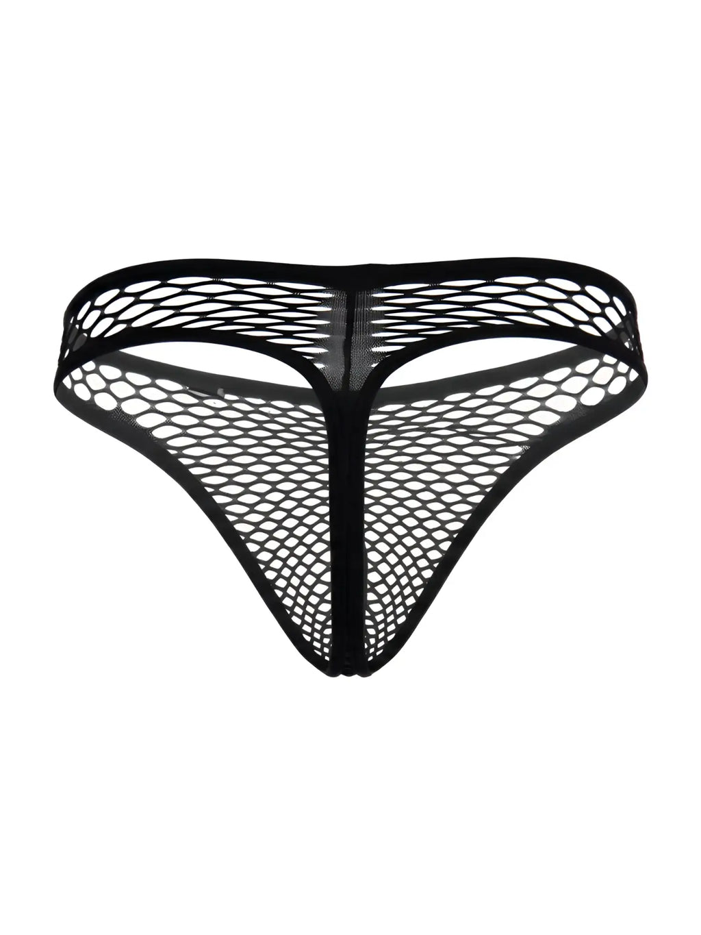 CandyMan black thong in a sheer, stretchy fishnet mesh fabric with a minimal, revealing design.