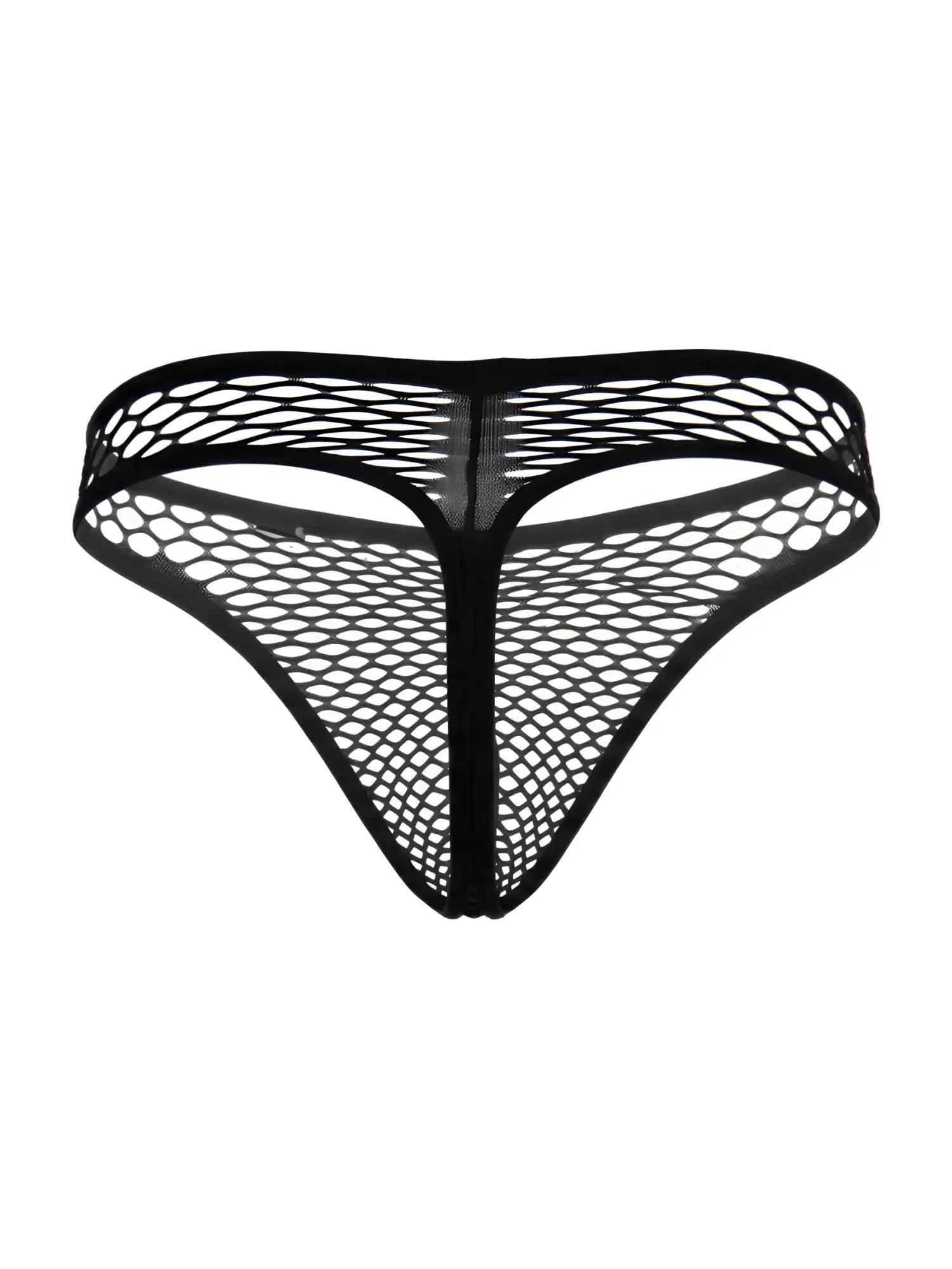 CandyMan black thong in a sheer, stretchy fishnet mesh fabric with a minimal, revealing design.