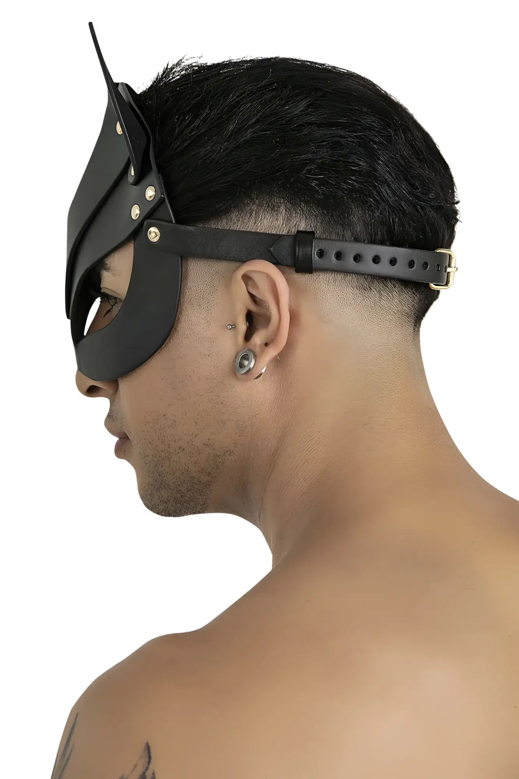 Black leather CandyMan 99965 eye mask with cat ears, metallic rivets, and adjustable strap in black color