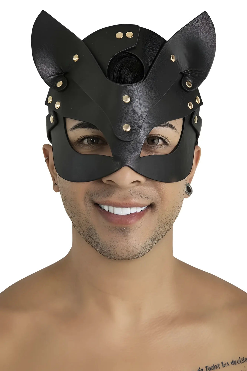 Black leather cat mask candyMan 99965 with gold-tone studs and pointed ears in black color for eye coverage
