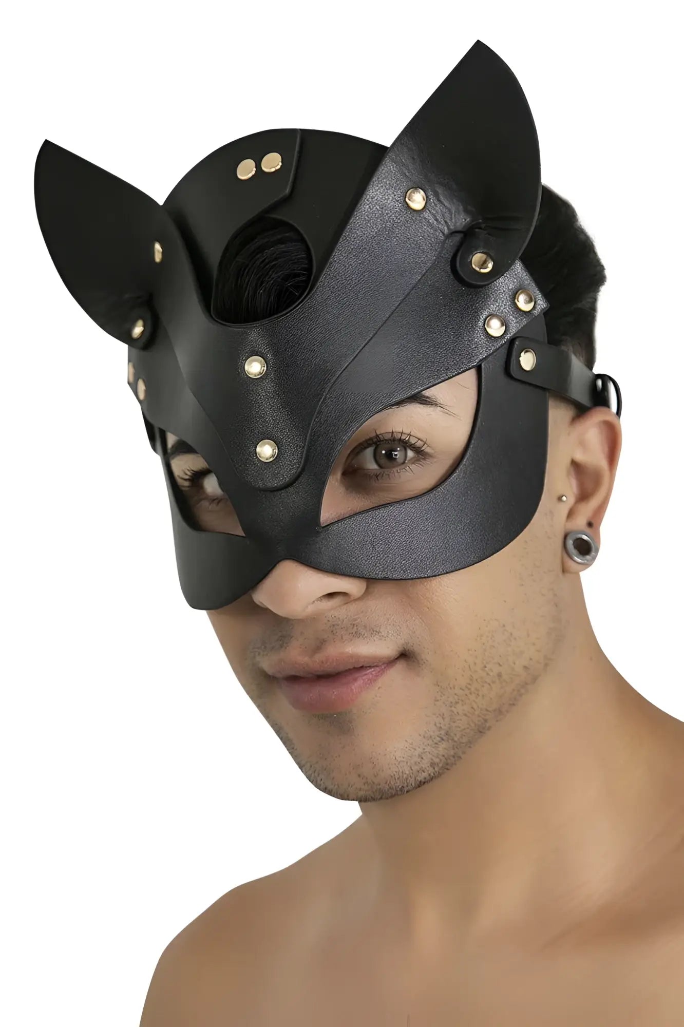 CandyMan 99965 black leather cat mask with gold-tone studs and adjustable straps for comfortable wear